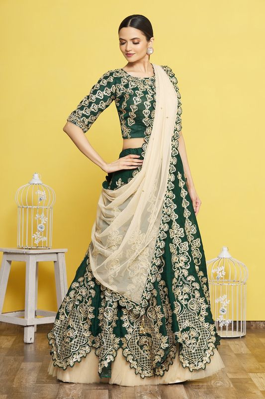 Green Color Satin Silk Fabric Heavy Adorable Wedding Ceremony Lehenga Set