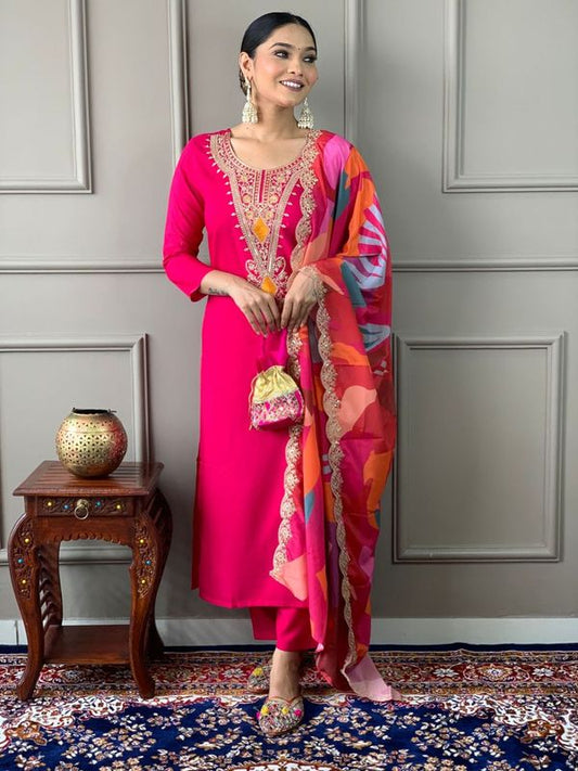 Beautiful Pink Color Silk Viscose Fabric Graceful Embroidered Readymade Suit