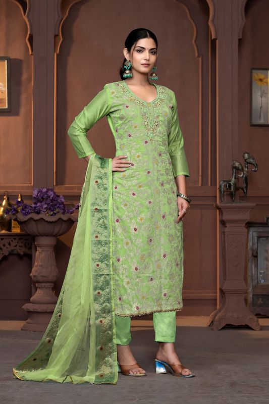 Green Muslin Cotton Wevon Designer With Hand Work Graceful Wedding Wear Salwar Kameez