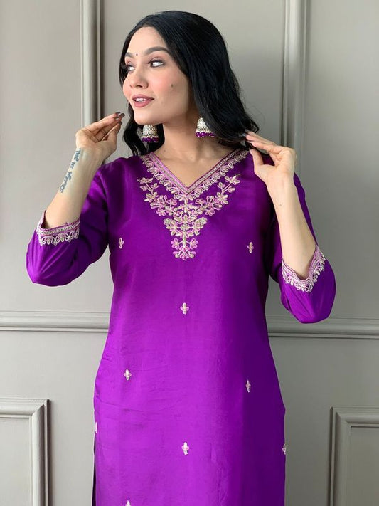 Purple Chanderi Silk Straight Kurta