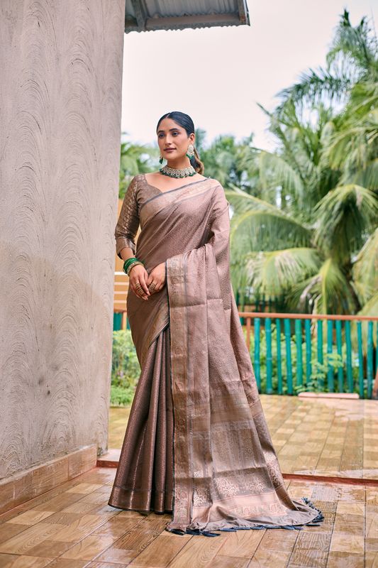 Grey Wevon Copper Jari Designer Kanjivaram Sik Saree