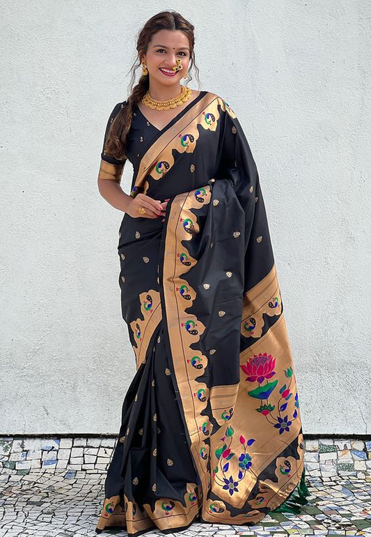 Black Wevon Paithani Meenakari Designer Saree For Graceful Party Looks