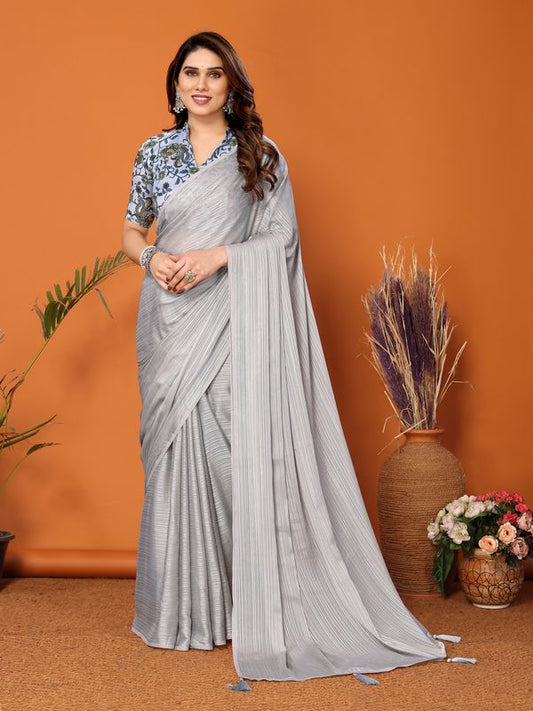 Grey Solid & Digital Printed Blouse Polyester Zari Saree