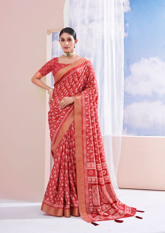 Brink Pink Wevon Border Designer With Printed Dolla Silk Saree