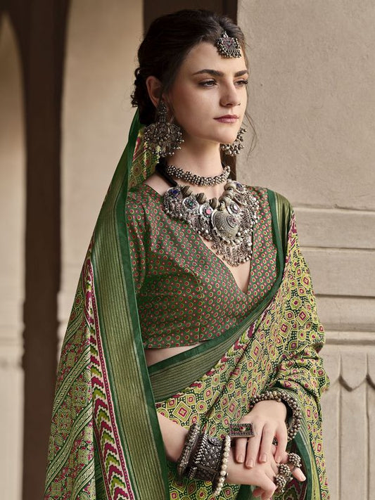 Green Color Sigma Silk Designer Ajrakh Printed Traditional Print Saree