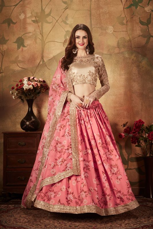 Pink and Beige Women's Organza Embroidery Lehenga Choli