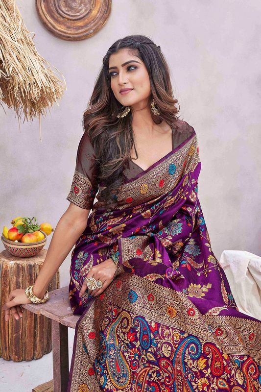 Purple Color Glamorous Wevon Jacquard Designer Silk Blend Wedding Season Saree