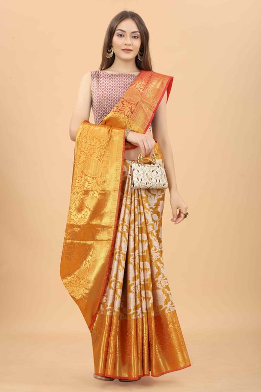 Yellow Women's Zari Tissue Silk Bland Saree