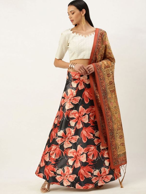 Digital Print Satin Silk Fabric Stitched Lehenga Choli With Jequared Blouse and Assami Silk Thread Work Dupatta For Women and Girls In Festive Party And Traditional Wear