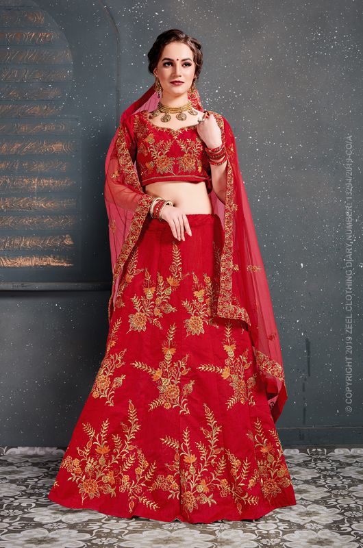 Red Women's Slub Silk Embroidery Lehenga Choli