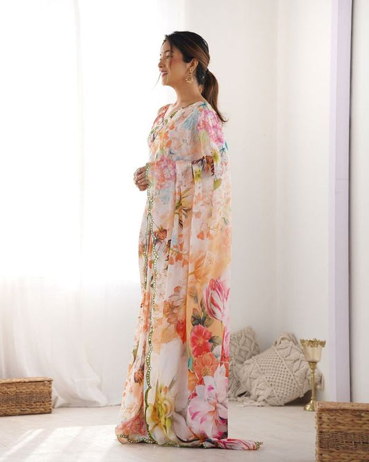 Multy Designer Digital Printed & Mirror Cut Work Chinon Saree