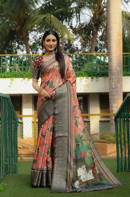 Peach Wevon Border & Kalamkari Digital Printed Dola Silk Saree