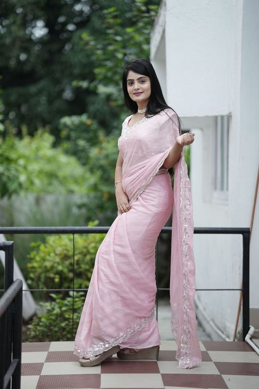 Pink Wevon Patta & Sequance Embroidery Work Chiffon Saree