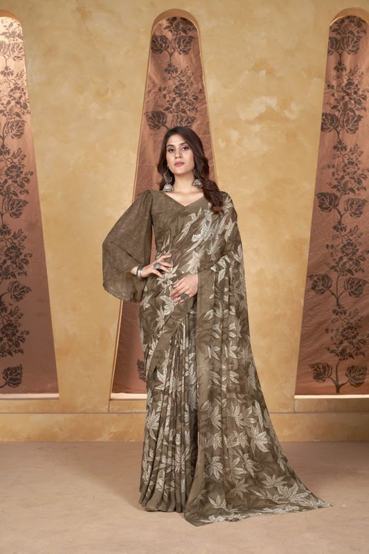 Brown Designer Printed Weight Less Saree