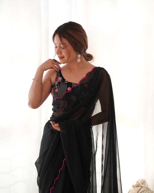 Black Color Solid Plain Georgette Saree With Graceful Embroidered Blouse