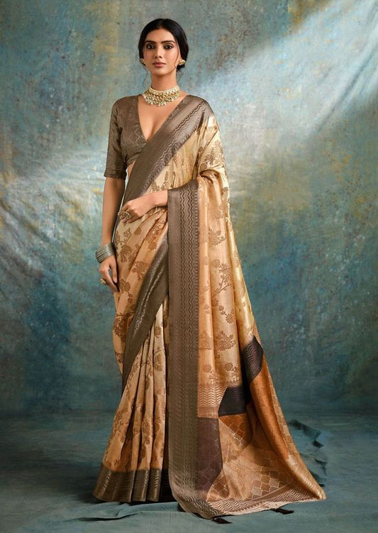 Beige Wevon Jacquard Designer Jacquard Silk Saree