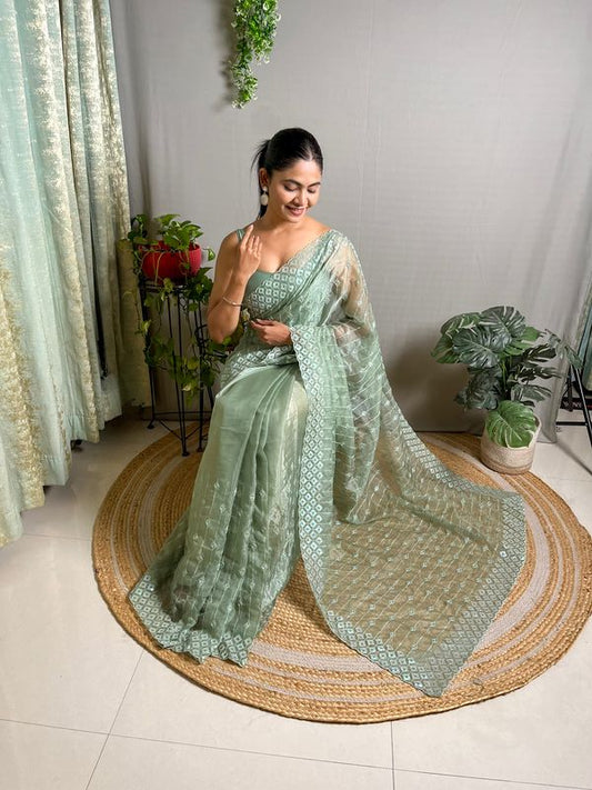 Designer Sequance Embroidery Work Pista Color Crystal Silk Fabric Bollywood Style Partywear Saree