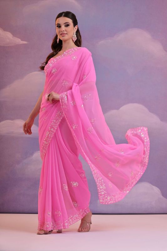 Pink Designer Sequance Embroidery Work Georgette Saree