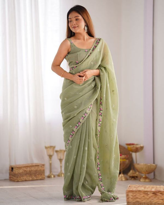 Pista Thread & Sequance Embroidery Work Pixel Silk Saree