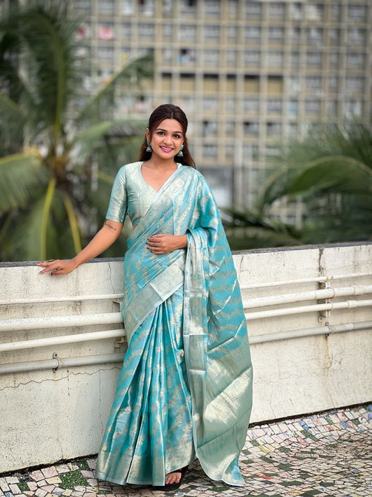 Blue Weaving Jari Meenakari Designer Tissue Silk Saree