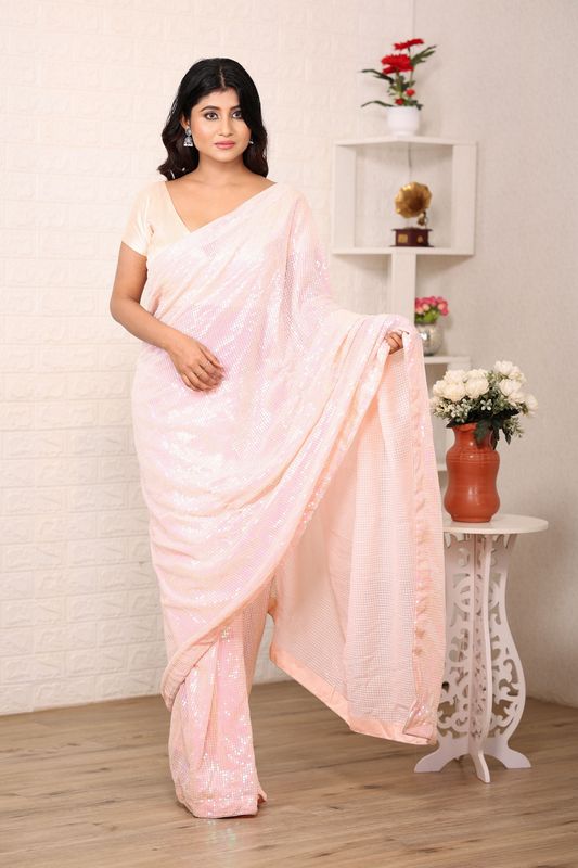 Pink Color Georgette Fabric Glamorous Sequance Embroidery Work Saree