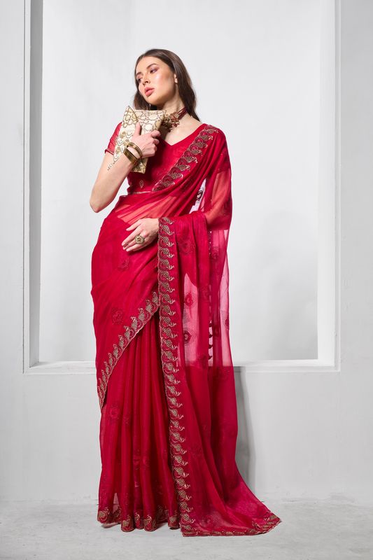 Red Color Shimmer Chiffon Fabric Designer Embroidery Work Ceremonial Partywear Saree