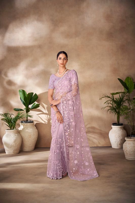 Lilac Thread & Sequance Embroidery & Zarkan Work Net Saree