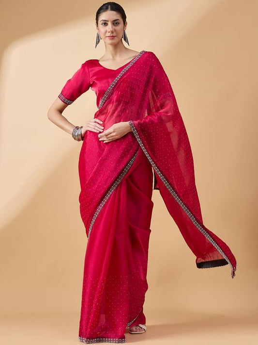 Pink Designer Swarovski & Stone Work Organza Saree