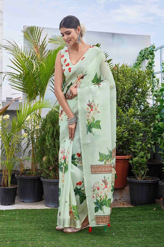 Sea Green Color Linen Blend Smart Ethnic Saree With Trendy Digital Print Work