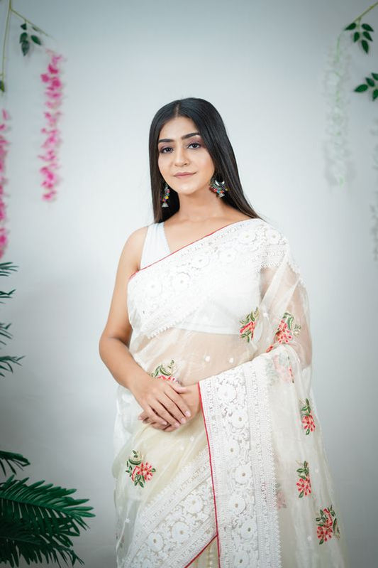 White Designer Embroidery Work Organza Saree