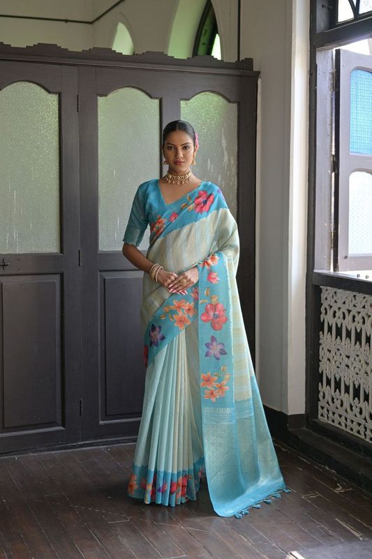 Firozi Wevon Jari Designer & Printed Soft Silk Saree