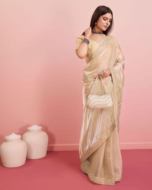 Beige Embroidery Work Lace Blouse Jimmy Choo Saree