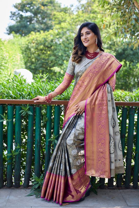 Grey Wevon Jari Designer Banarasi Handloom Silk Saree