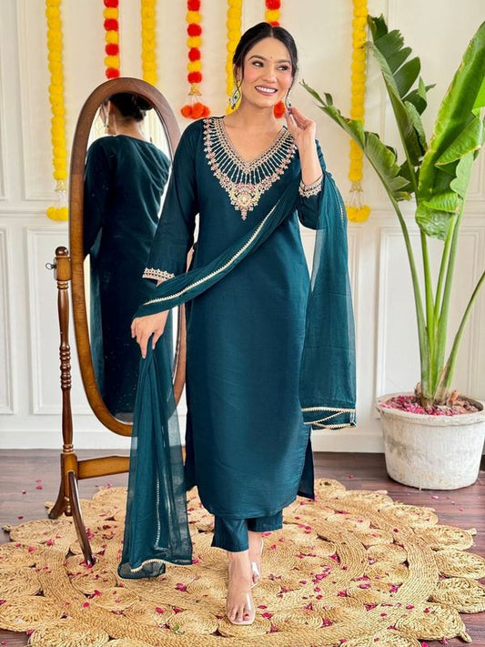 Beautiful Blue Color Viscose Chanderi Fabric Graceful Embroidered Readymade Suit