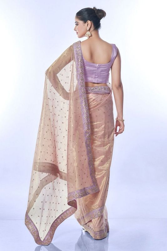 Onion Color Golden Net Partywear Sequins Embroidery Work Ethnic Saree