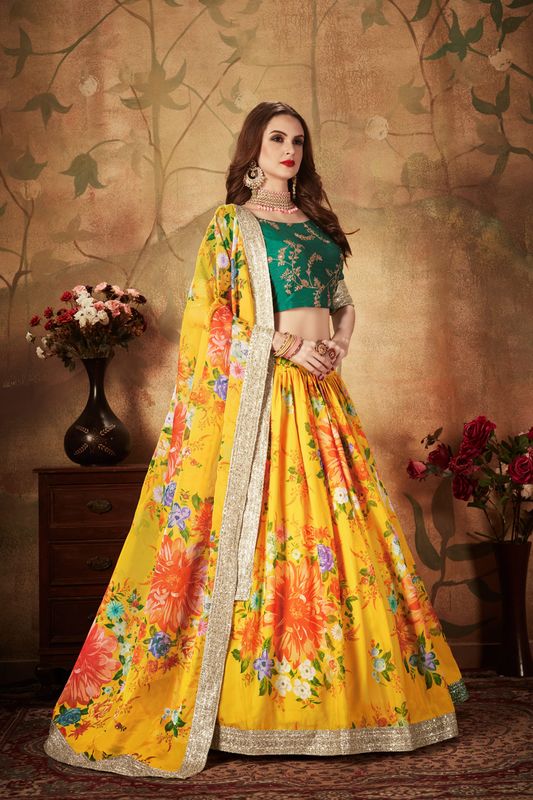 Yellow and Green Women's Organza Embroidery Lehenga Choli