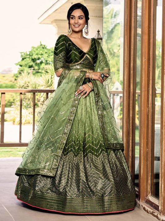 Green Women's Chinon Embroidery Lehenga Choli