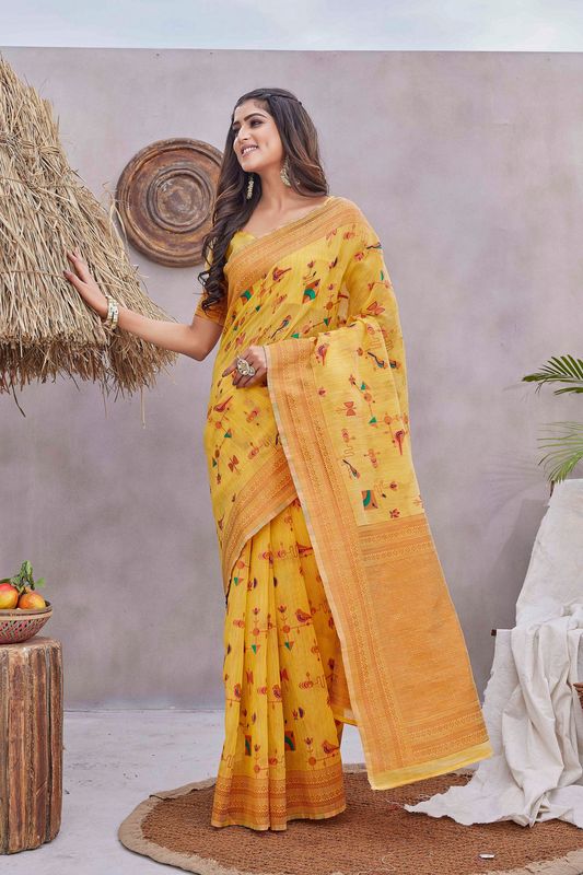 Yellow Color Ethnic Linen Fabric Graceful Festive Saree With Wevon Jacquard Designer