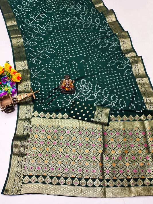 Green Wevon Designer & Hand Bandhej Dola Silk Saree