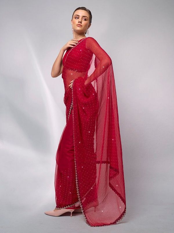 Red Color Moss Fabric Swarovski  Designer Graceful Bollywood Style Party Saree