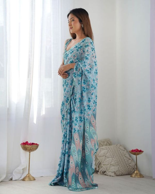 Blue Color Beautiful Chinon fabric Digital Printed Saree With Mirror Cut Work