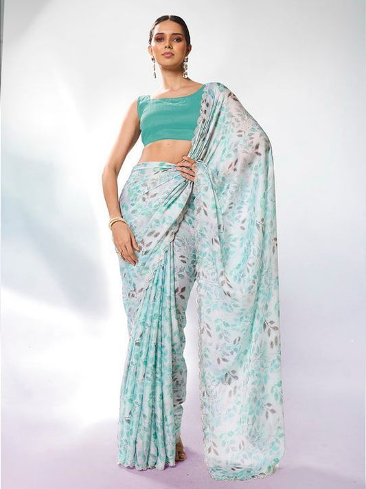 Sea Green Designer Printed Satin Georgette Saree