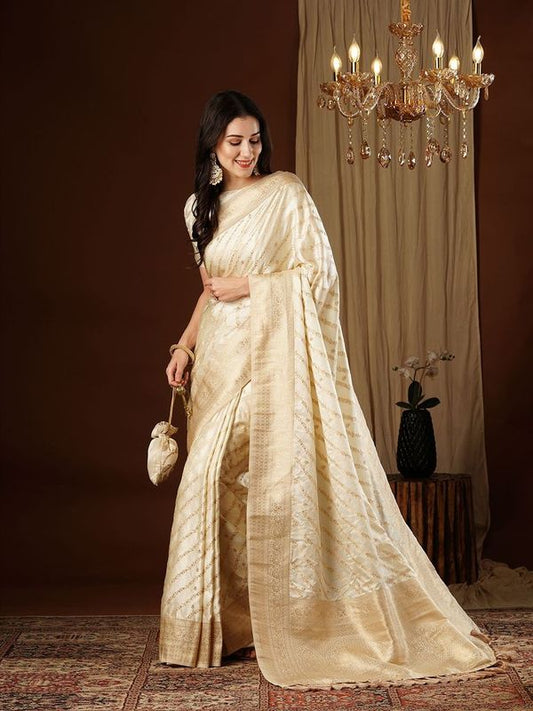 Cream Wevon Jacquard Designer Satin Silk Saree