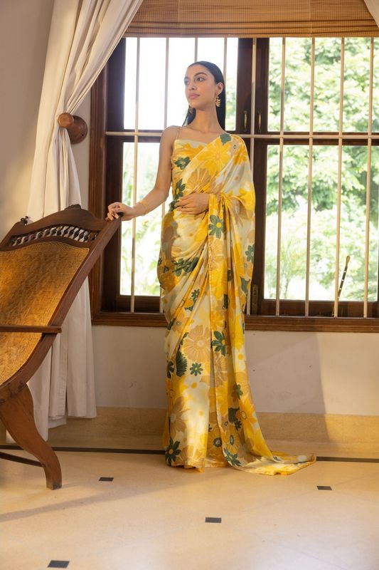 Yellow Color Beautiful Designer Nylon Japan Satin Fabric Trendy Girlie Saree