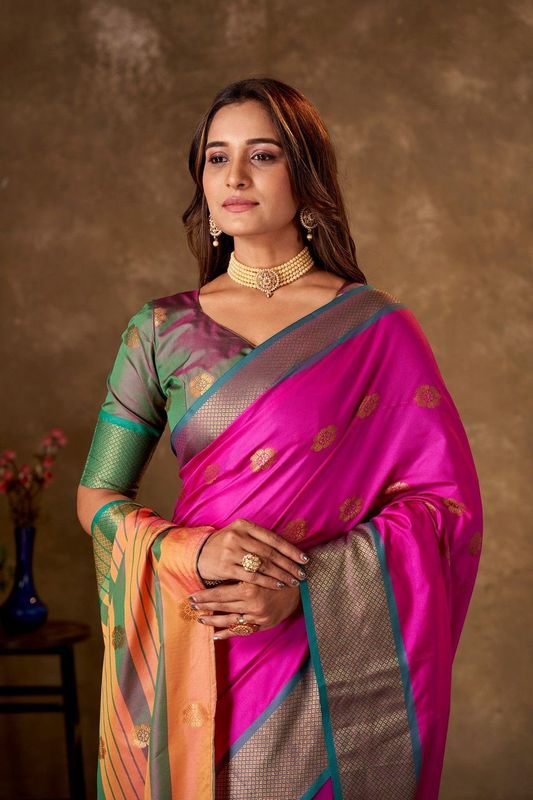 Pink Cotton Woven Saree and Stitched Green Blouse