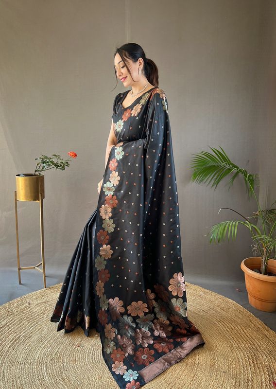 Black Weaving Jacquard Jari Designer Soft Silk Saree