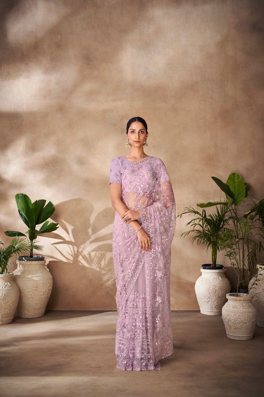 Lilac Thread & Sequance Embroidery & Zarkan Work Net Saree