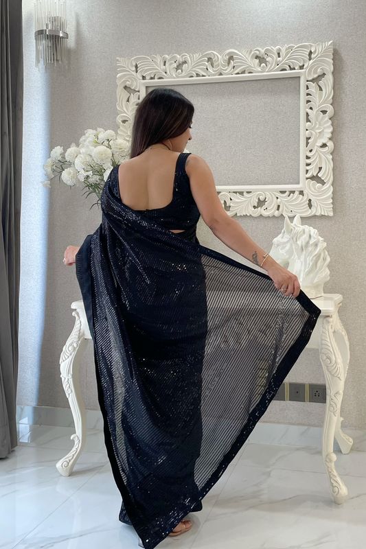 Black Georgette Heavy Sequance Embroidery Work Bollywood Party Style Celebrity Style Girlie Fancy Saree
