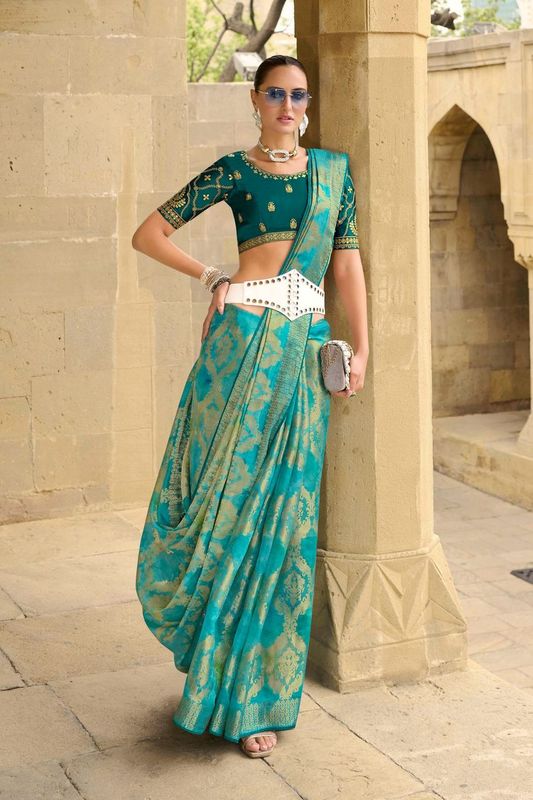 Sea Green Wevon Designer & Embroidery Work Jacquard Silk Saree