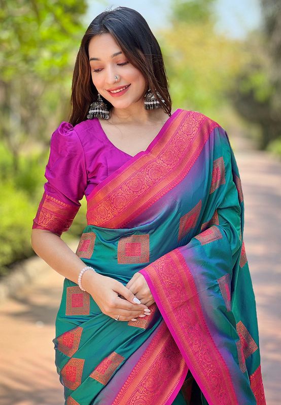 Rama Color Wevon Meenakari Designer Soft Silk Saree For Traditional Rich Looks